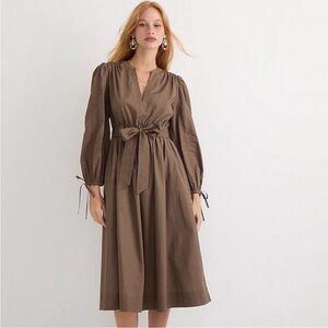 J Crew Tie-Waist V-Neck Dress XL Long Sleeve Cotton Brown Midi Fit & Flare
